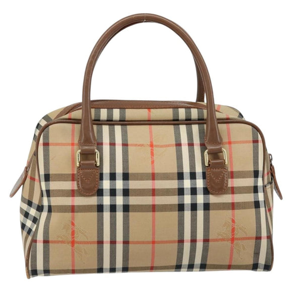 BURBERRY Nova Check Boston Bag Canvas Leather Beige Gold Auth ep13490