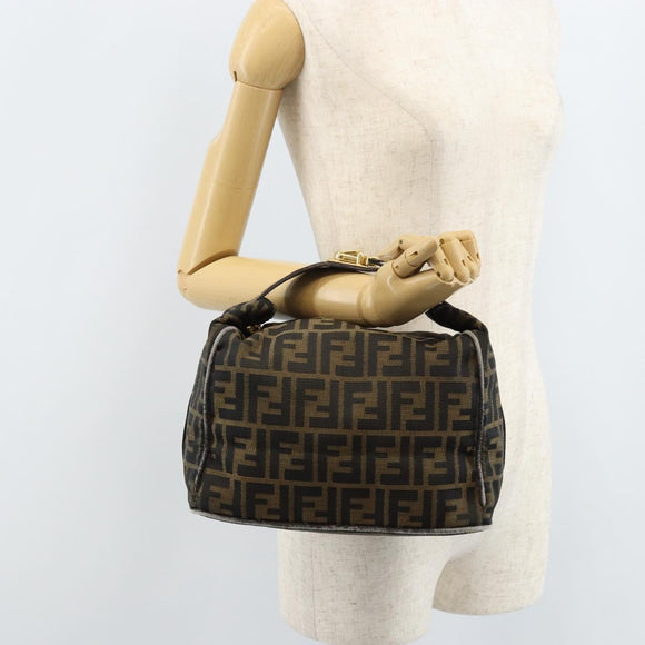 FENDI Zucca Canvas Vanity Hand Bag Black Brown gold Auth ep13520