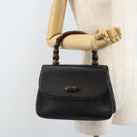 GUCCI Bambus Handtasche Leder Schwarz Gold Auth ep13556