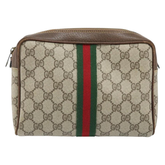 GUCCI GG Supreme Web Sherry Line Clutch Bag PVC Beige Gold Red Auth ep13569