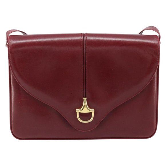 GUCCI Horsebit Shoulder Bag Leather Red Gold Auth ep13642