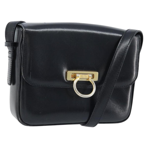 CELINE Gancini Shoulder Bag Leather Black Gold Auth ep13660