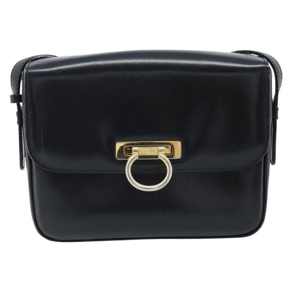 CELINE Gancini Shoulder Bag Leather Black Gold Auth ep13660