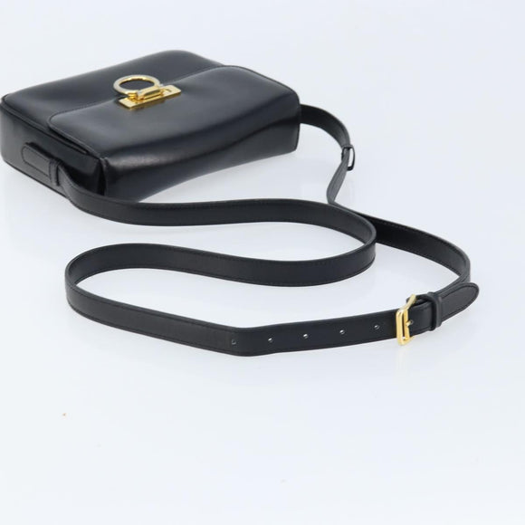 CELINE Gancini Shoulder Bag Leather Black Gold Auth ep13660