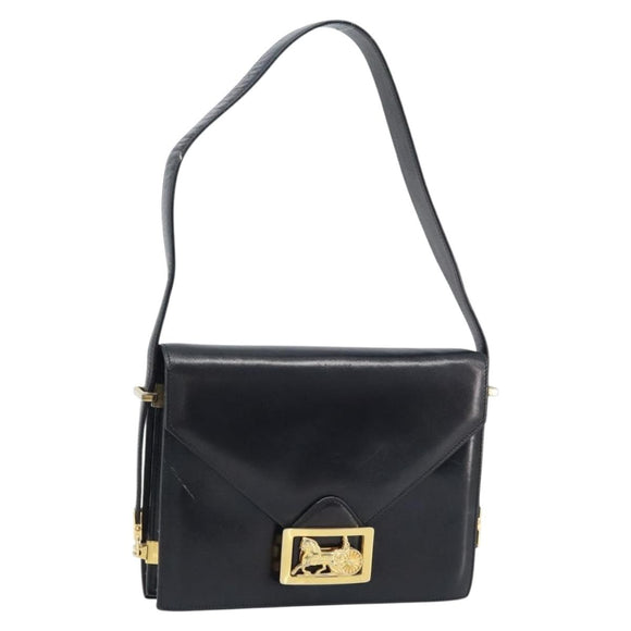 CELINE Horse Carriage Shoulder Bag Leather Black Gold Auth ep13665
