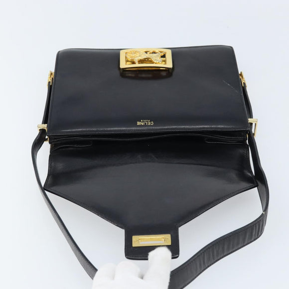 CELINE Horse Carriage Shoulder Bag Leather Black Gold Auth ep13665