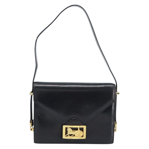 CELINE Horse Carriage Shoulder Bag Leather Black Gold Auth ep13665