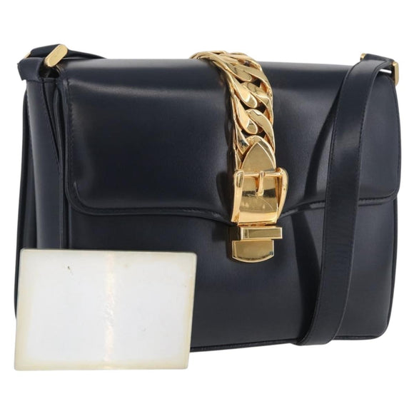 GUCCI Shoulder Bag Leather Navy Gold Auth ep13673
