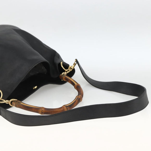 GUCCI Bamboo Shoulder Bag Leather 2way Black Gold 001 1577 Auth ep13782