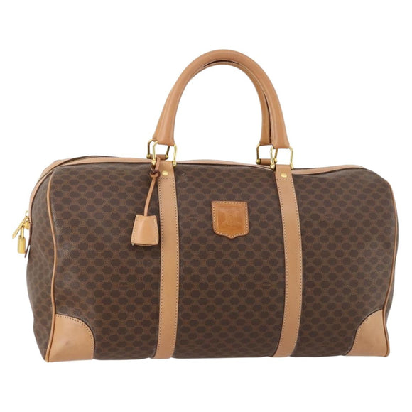 CELINE Macadam Canvas Boston Bag PVC Leather Brown Gold Auth ep13807