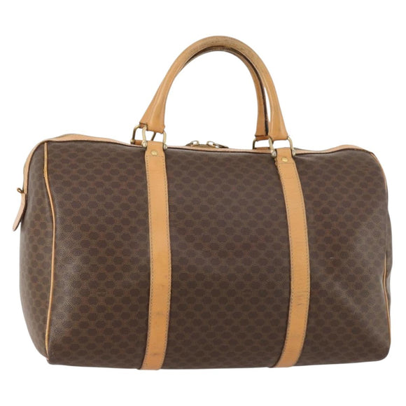 CELINE Macadam Canvas Boston Bag PVC Leather Brown Gold Auth ep13845