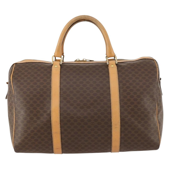CELINE Macadam Canvas Boston Bag PVC Leather Brown Gold Auth ep13845