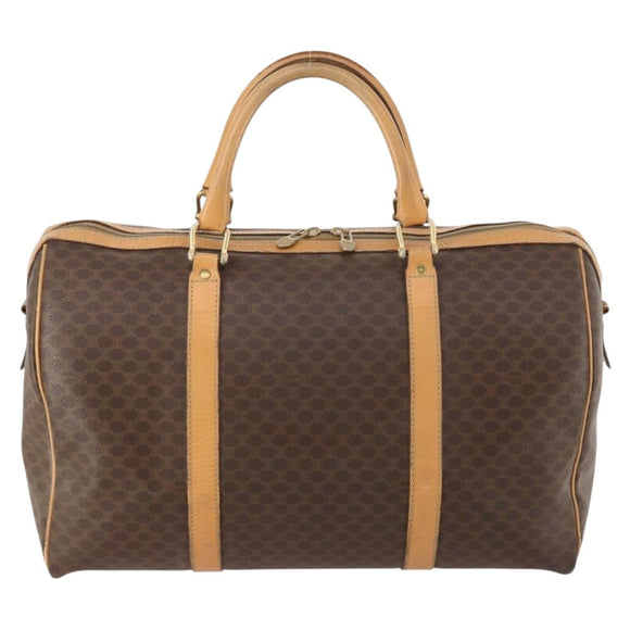 CELINE Macadam Canvas Boston Bag PVC Leather Brown Gold Auth ep13845