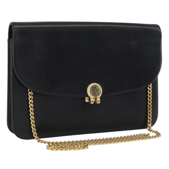 Christian Dior Ketten-Schultertasche Leder Schwarz Gold Auth ep13853