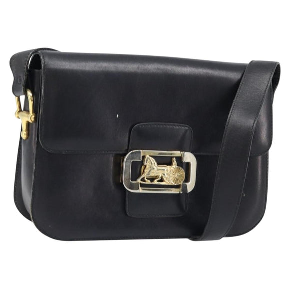 CELINE Horse Carriage Shoulder Bag Leather Black Gold Auth ep13857