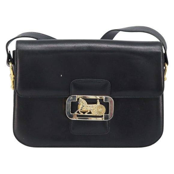 CELINE Horse Carriage Shoulder Bag Leather Black Gold Auth ep13857