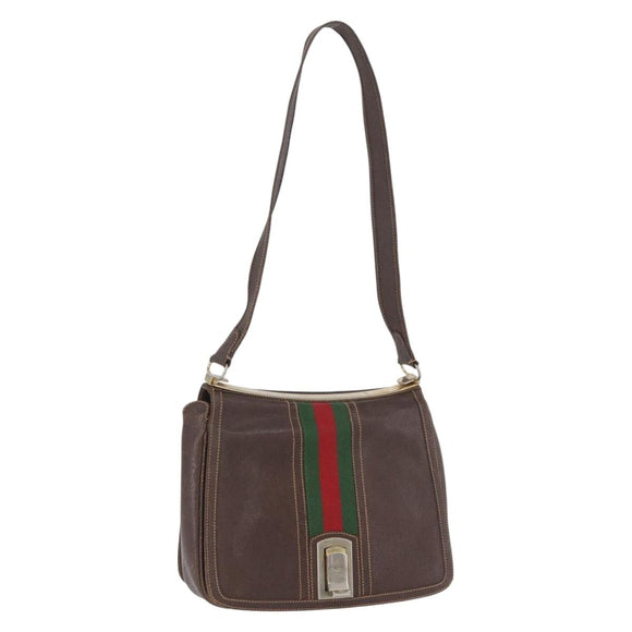 GUCCI Web Sherry Line Shoulder Bag Leather Brown Gold Auth ep13922