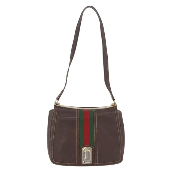 GUCCI Web Sherry Line Shoulder Bag Leather Brown Gold Auth ep13922