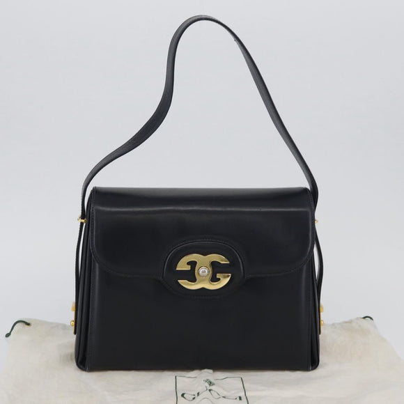 GUCCI Shoulder Bag Leather Navy Gold Auth ep13947V