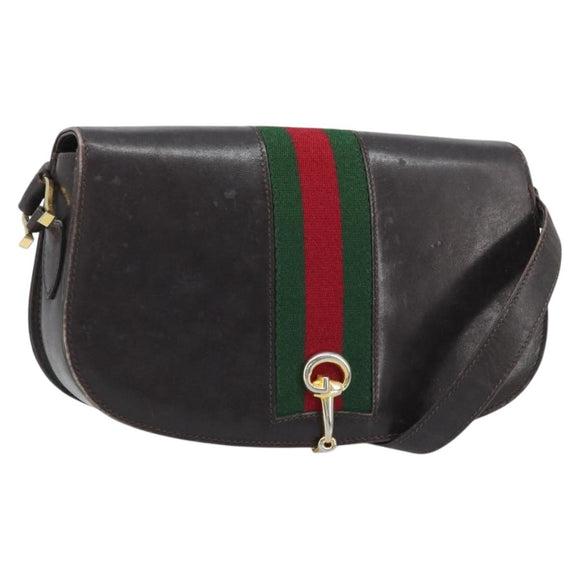 GUCCI Horsebit Web Sherry Line Shoulder Bag Leather Dark Brown Gold Auth ep13957
