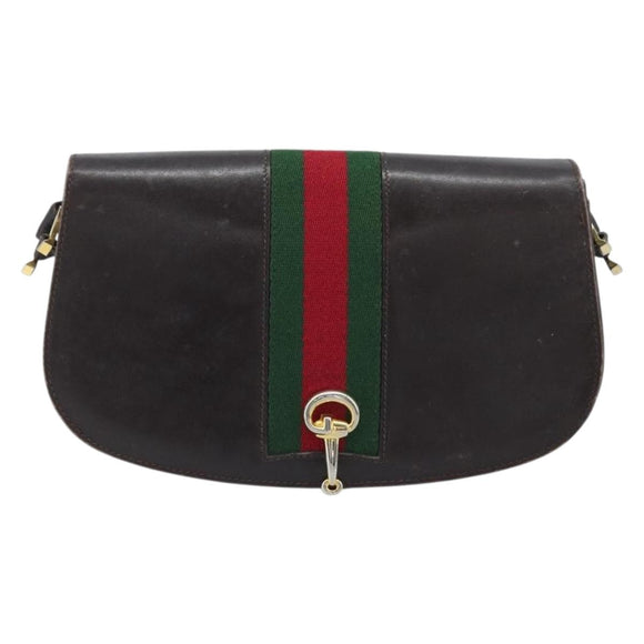 GUCCI Horsebit Web Sherry Line Shoulder Bag Leather Dark Brown Gold Auth ep13957