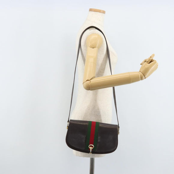 GUCCI Horsebit Web Sherry Line Shoulder Bag Leather Dark Brown Gold Auth ep13957