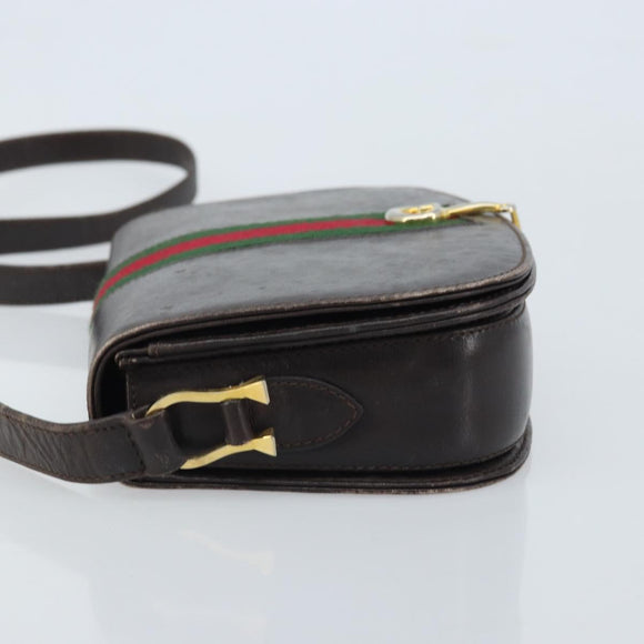 GUCCI Horsebit Web Sherry Line Shoulder Bag Leather Dark Brown Gold Auth ep13957