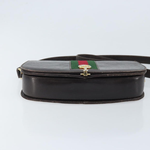 GUCCI Horsebit Web Sherry Line Shoulder Bag Leather Dark Brown Gold Auth ep13957