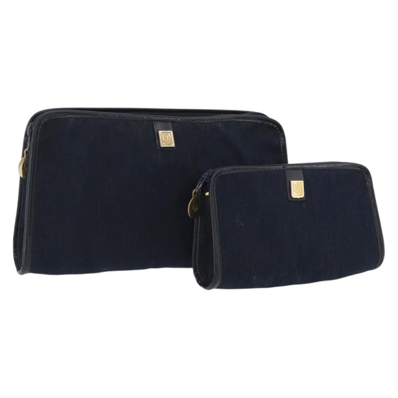 Christian Dior Trotter Canvas Clutch Bag 2 Set Navy Gold Auth ep13971
