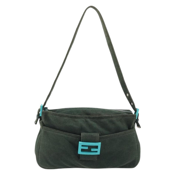 FENDI Mamma Baguette Handtasche Baumwolle Grün Silber Auth ep13976