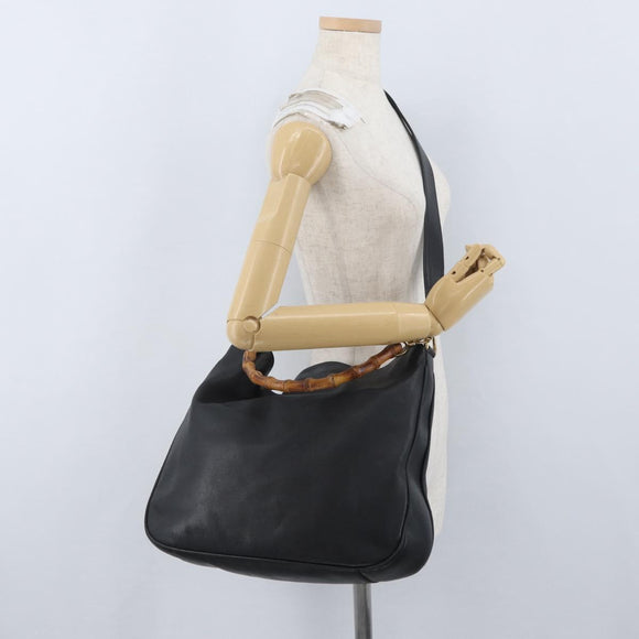 GUCCI Bamboo Shoulder Bag Leather 2way Black Gold 001 1577 Auth ep13983