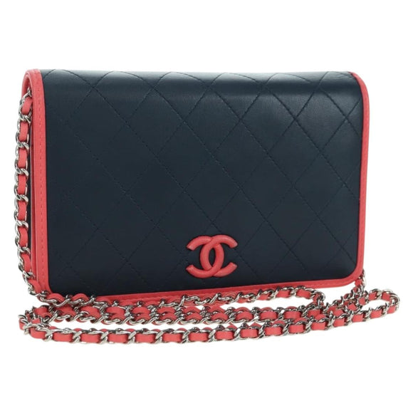 CHANEL Matelasse Chain Shoulder Bag Lamb Skin Navy Gold CC Auth ep14004SAM