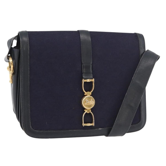 CELINE C Sulky Horse Carriage Shoulder Bag Canvas Navy Gold Auth ep14022