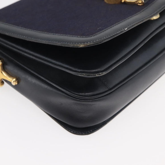 CELINE C Sulky Horse Carriage Shoulder Bag Canvas Navy Gold Auth ep14022