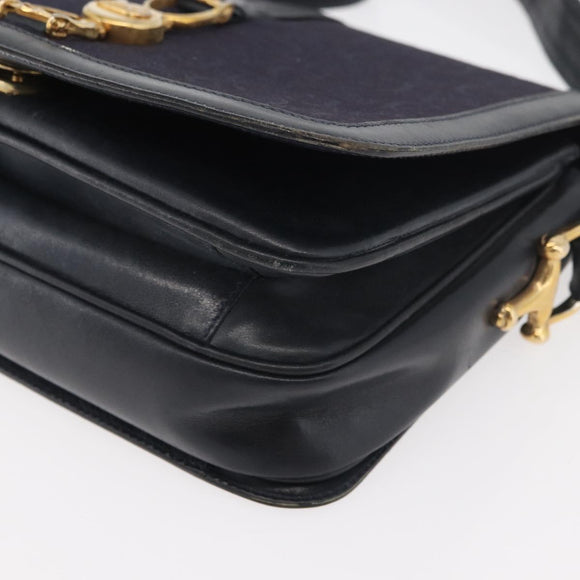 CELINE C Sulky Horse Carriage Shoulder Bag Canvas Navy Gold Auth ep14022