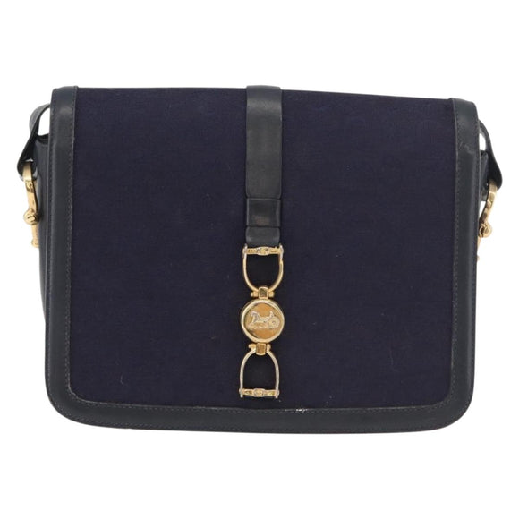CELINE C Sulky Horse Carriage Shoulder Bag Canvas Navy Gold Auth ep14022