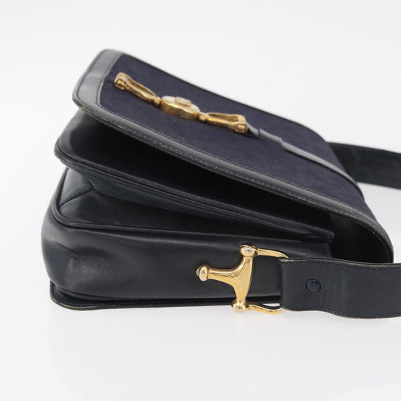 CELINE C Sulky Horse Carriage Shoulder Bag Canvas Navy Gold Auth ep14022