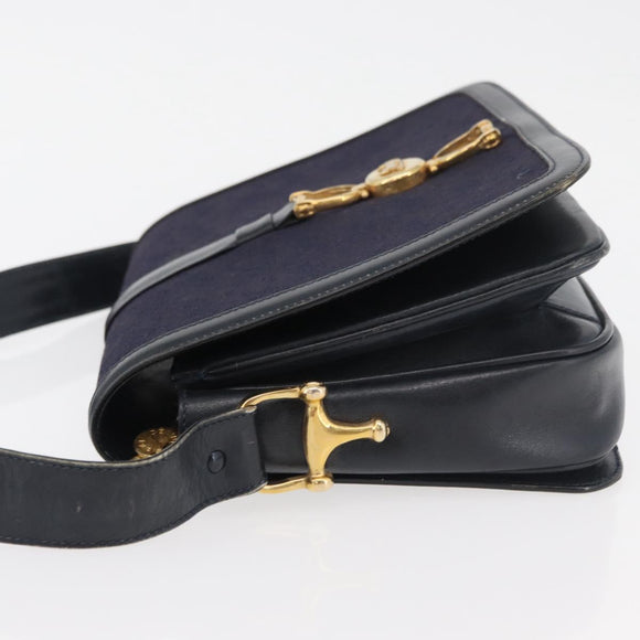 CELINE C Sulky Horse Carriage Shoulder Bag Canvas Navy Gold Auth ep14022