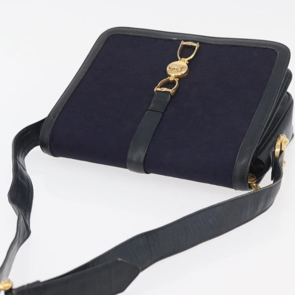 CELINE C Sulky Horse Carriage Shoulder Bag Canvas Navy Gold Auth ep14022