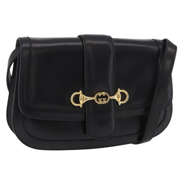 GUCCI Horsebit Shoulder Bag Leather Black Gold Auth ep14024