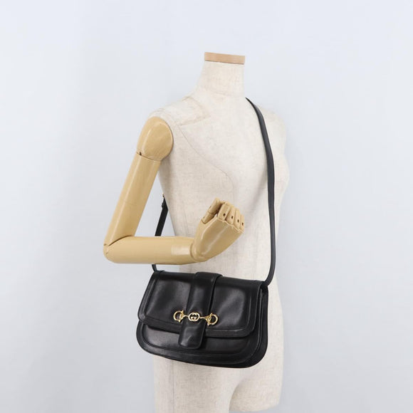 GUCCI Horsebit Shoulder Bag Leather Black Gold Auth ep14024
