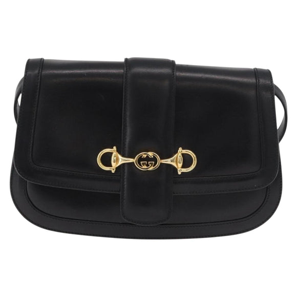 GUCCI Horsebit Shoulder Bag Leather Black Gold Auth ep14024