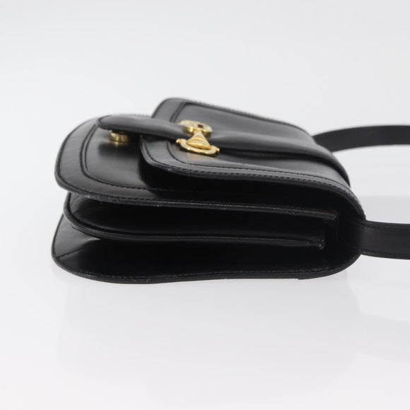 GUCCI Horsebit Shoulder Bag Leather Black Gold Auth ep14024
