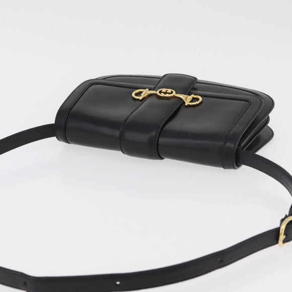 GUCCI Horsebit Shoulder Bag Leather Black Gold Auth ep14024