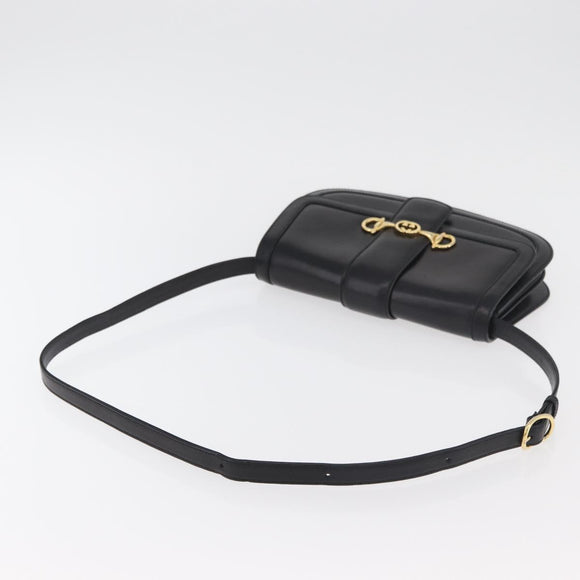 GUCCI Horsebit Shoulder Bag Leather Black Gold Auth ep14024
