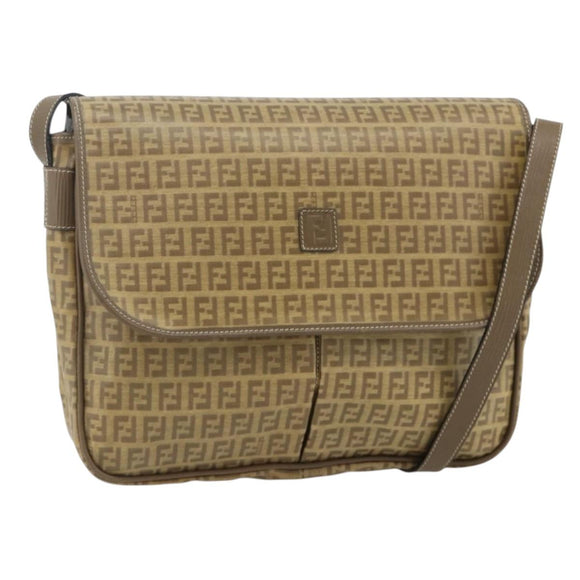FENDI Zucchino Canvas Shoulder Bag Coated Canvas Beige Gold Auth ep14053