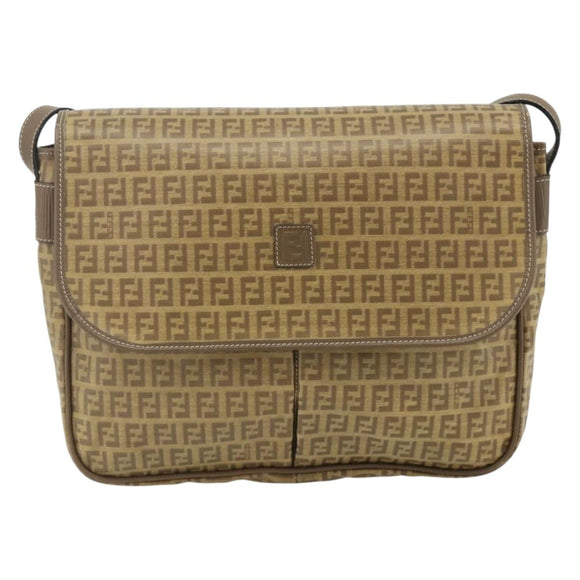 FENDI Zucchino Canvas Shoulder Bag Coated Canvas Beige Gold Auth ep14053