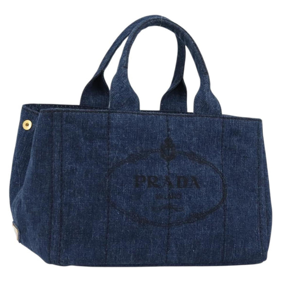 PRADA Canapa MM Hand Bag Denim Blue Gold Auth ep14070A