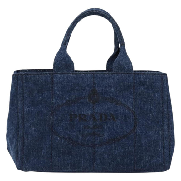 PRADA Canapa MM Hand Bag Denim Blue Gold Auth ep14070A
