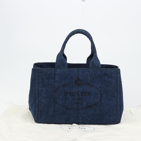 PRADA Canapa MM Hand Bag Denim Blue Gold Auth ep14070A